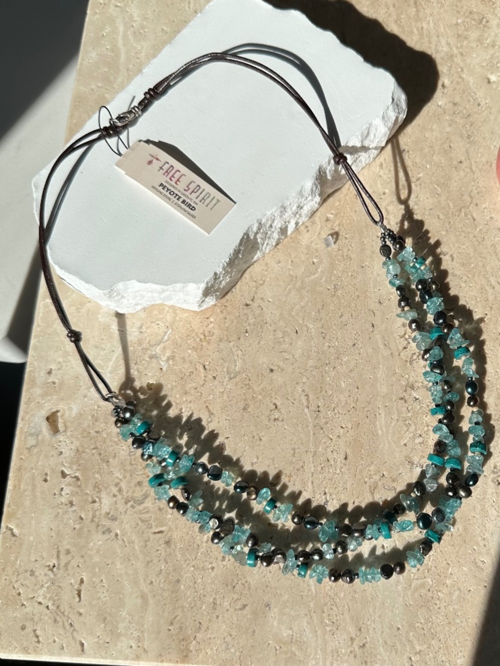 NWT | Peyote Bird Free Spirit Multi-Strand Gemstone & Pearl Leather Necklace 20"